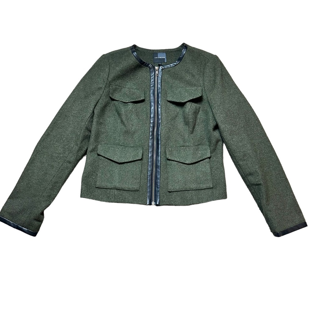 THE LIMITED Women’s Olive Wool Blend Front Zip Jacket with Faux Leather Trim M